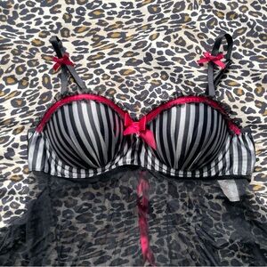 Vintage Shirley of Hollywood Black, Silver and Pink Striped Mesh Babydoll